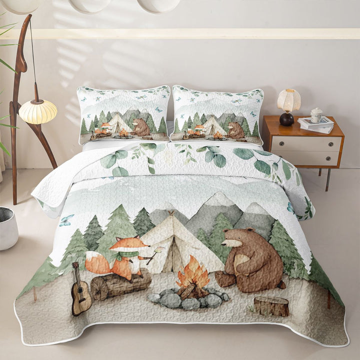 meiyoeat Watercolor Camping Quilt Full For Boys,Fox Tent Print Full Bedspread Sets,3-Piece
