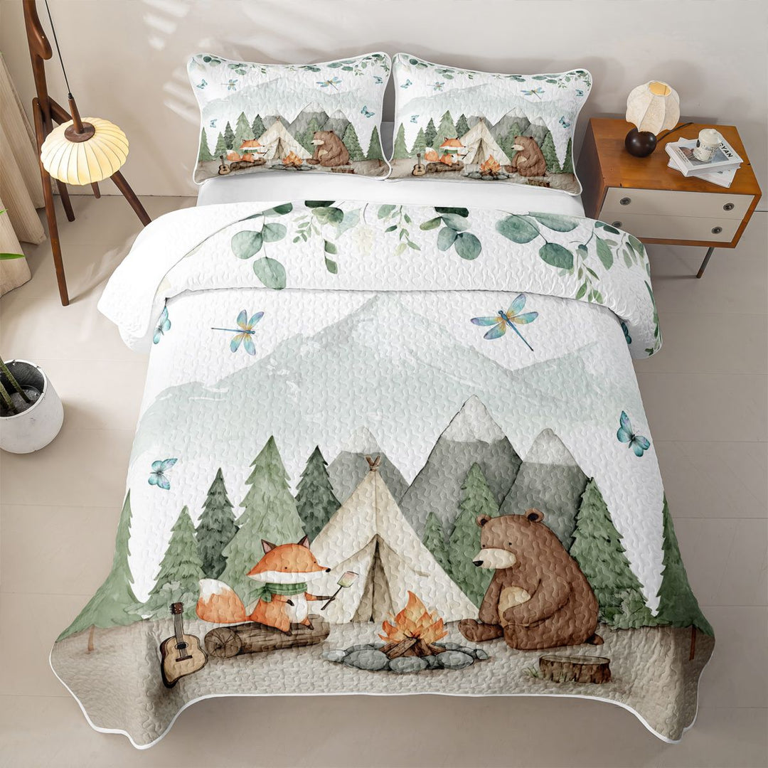 meiyoeat Watercolor Camping Quilt Full For Boys,Fox Tent Print Full Bedspread Sets,3-Piece