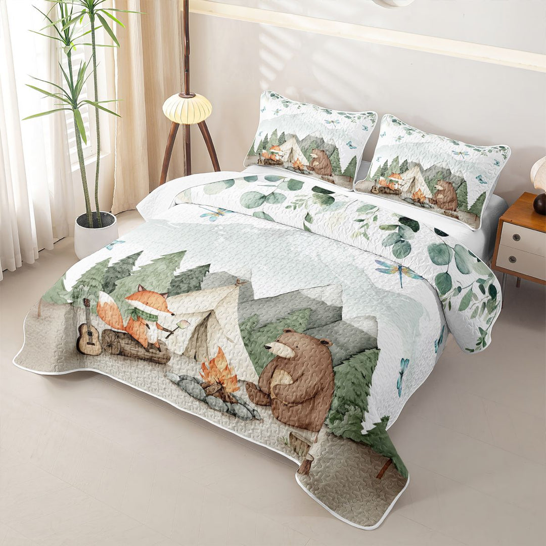 meiyoeat Watercolor Camping Quilt Full For Boys,Fox Tent Print Full Bedspread Sets,3-Piece