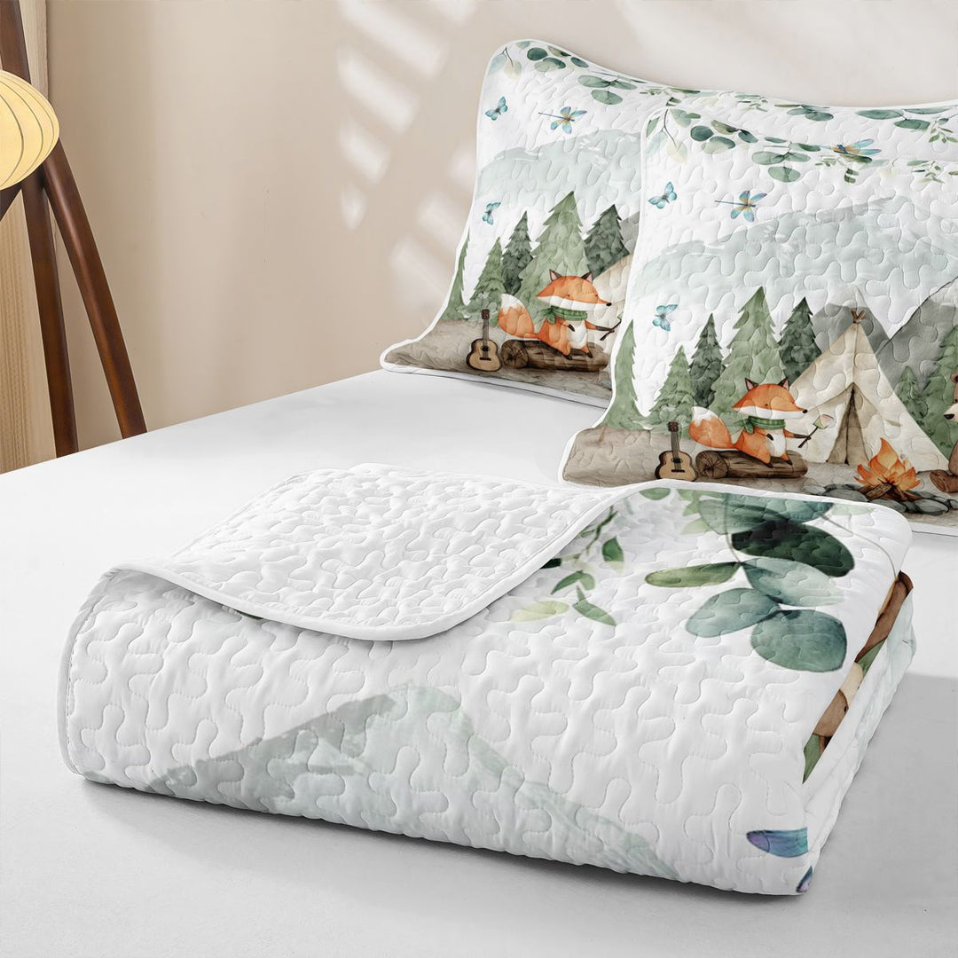 meiyoeat Watercolor Camping Quilt Full For Boys,Fox Tent Print Full Bedspread Sets,3-Piece