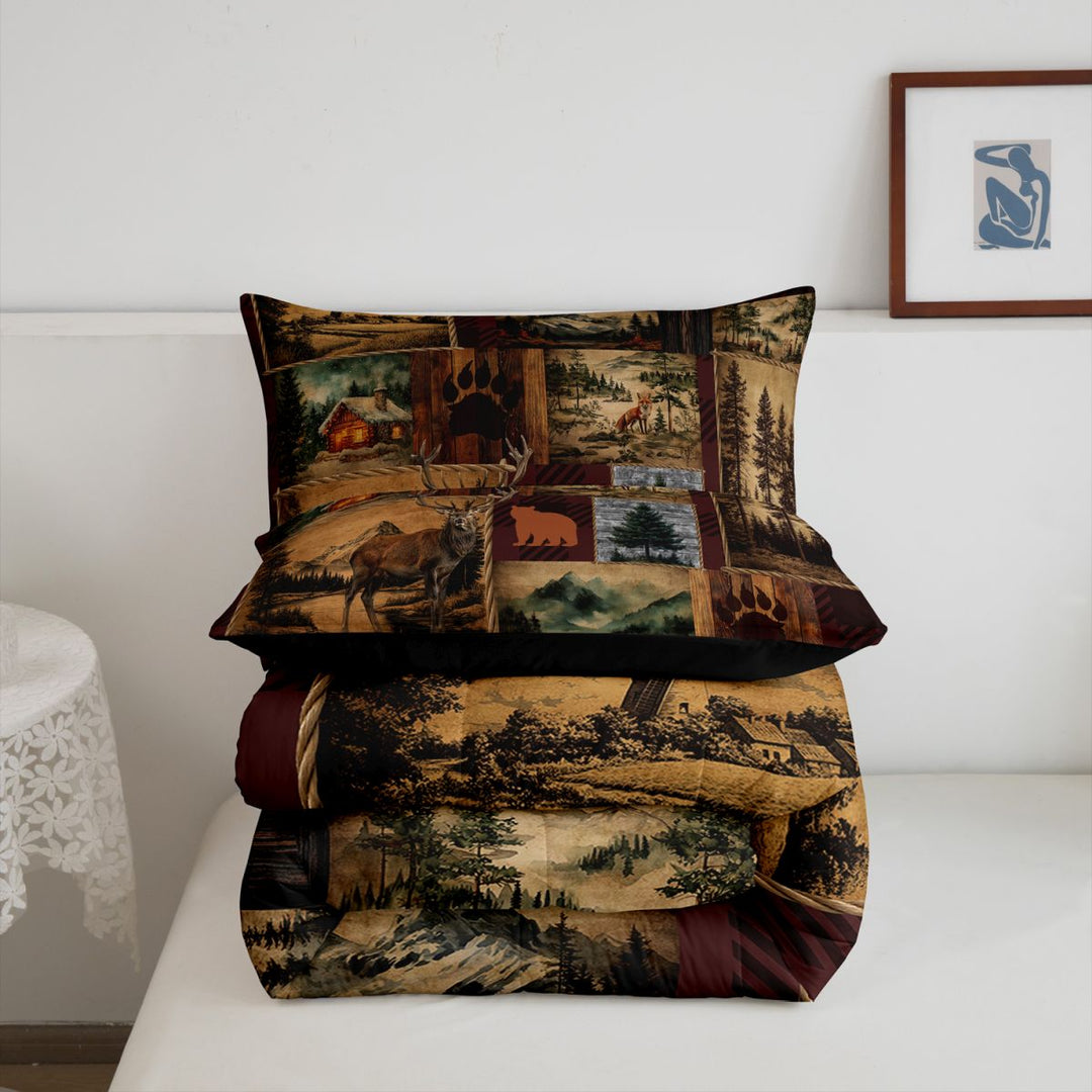 meiyoeat Rustic Cabin Deer King Size Comforter Sets,Jungle Wildlife Comforters King Size For Men Women,Black Reversible,3-Piece