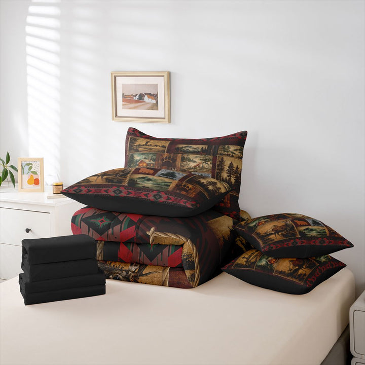 meiyoeat Rustic Cabin Deer 7-Piece King Bedding,Jungle Wildlife King Bed in a Bag For Men Women,Black Reversible