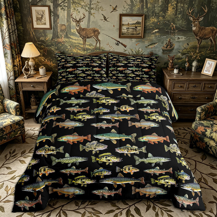 Meiyoeat Rustic Fish Print King Size Comforter Sets 3pcs, Freshwater Animal Pattern Comforters King Size,Black Reversible
