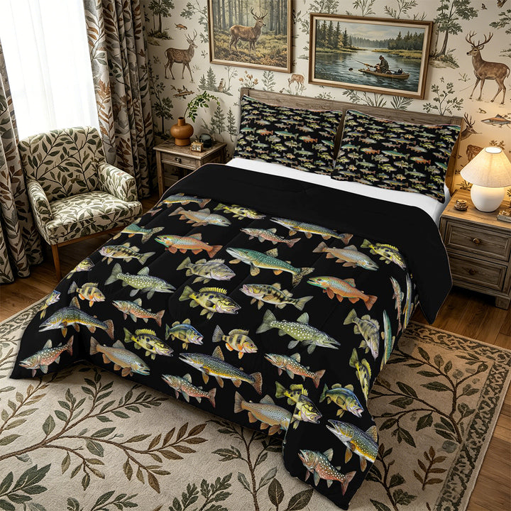 Meiyoeat Rustic Fish Print King Size Comforter Sets 3pcs, Freshwater Animal Pattern Comforters King Size,Black Reversible