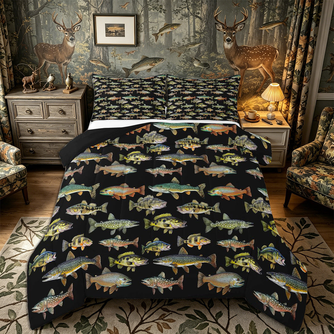 Meiyoeat Rustic Fish Print King Size Comforter Sets 3pcs, Freshwater Animal Pattern Comforters King Size,Black Reversible