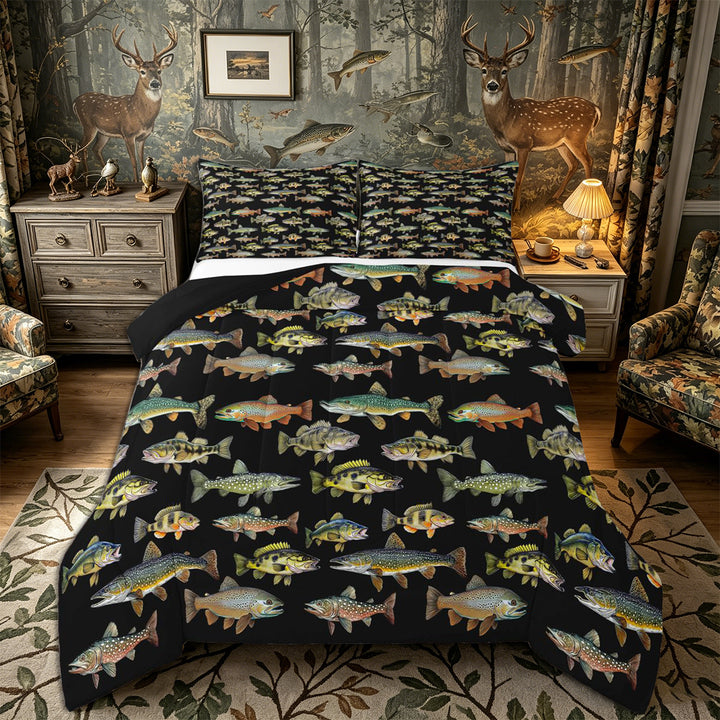 Meiyoeat Rustic Fish Print King Size Comforter Sets 3pcs, Freshwater Animal Pattern Comforters King Size,Black Reversible