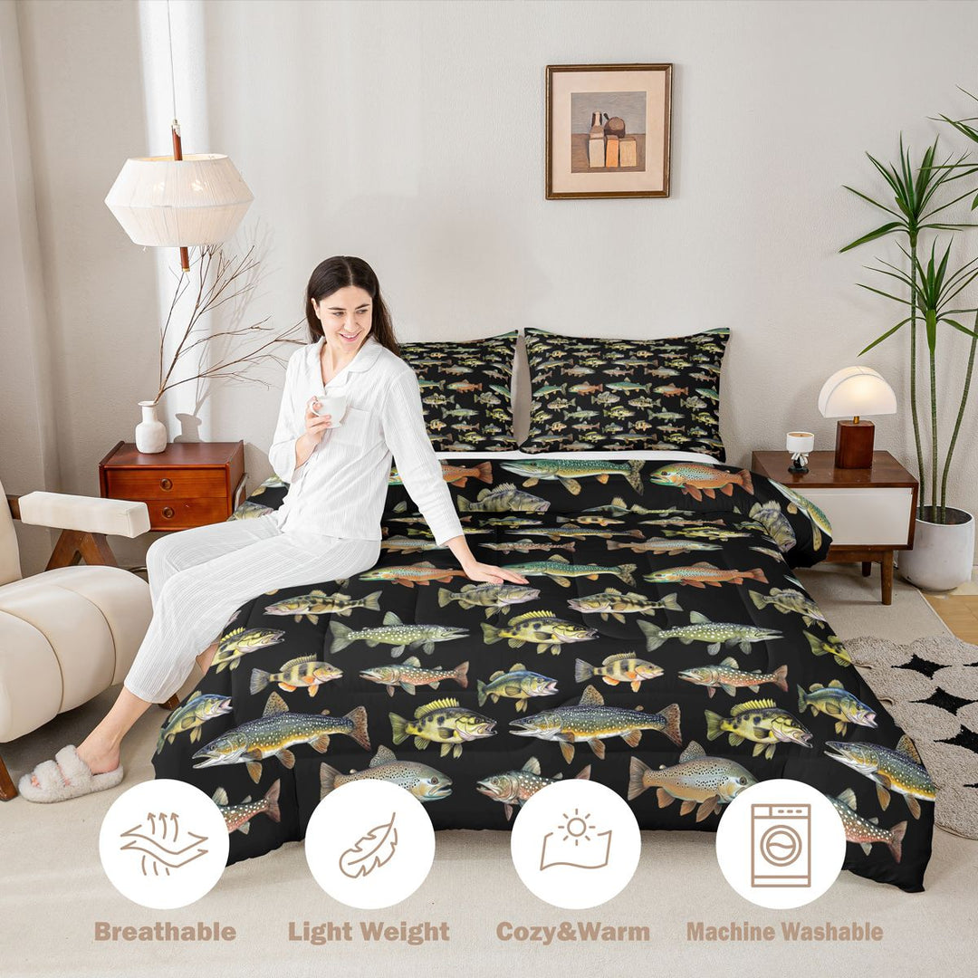 Meiyoeat Rustic Fish Print King Size Comforter Sets 3pcs, Freshwater Animal Pattern Comforters King Size,Black Reversible