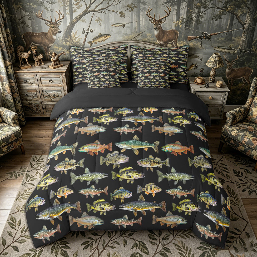 Meiyoeat Rustic Fish Print King Bedding 7pcs, Freshwater Animal Pattern King Bed in a Bag,Black Reversible