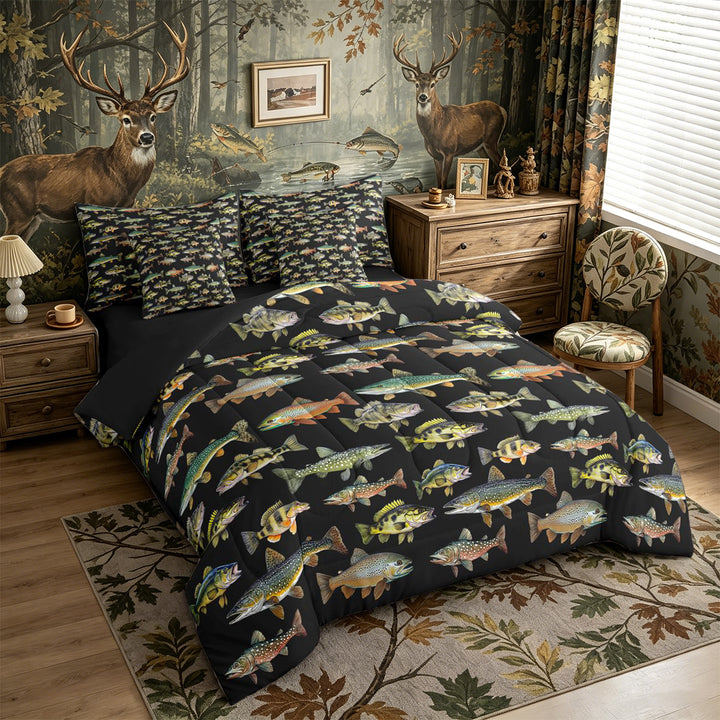 Meiyoeat Rustic Fish Print King Bedding 7pcs, Freshwater Animal Pattern King Bed in a Bag,Black Reversible