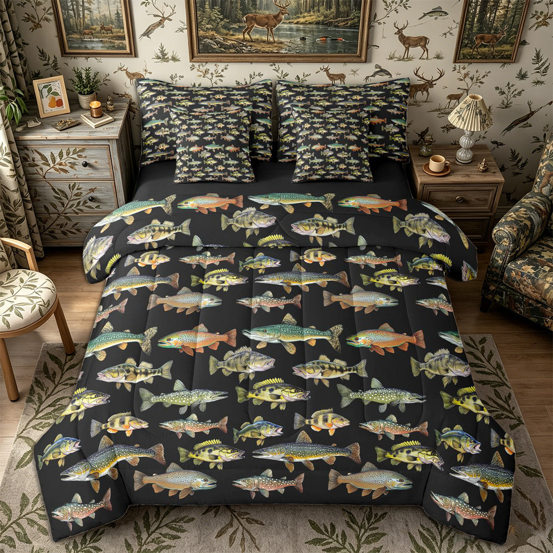 Meiyoeat Rustic Fish Print King Bedding 7pcs, Freshwater Animal Pattern King Bed in a Bag,Black Reversible