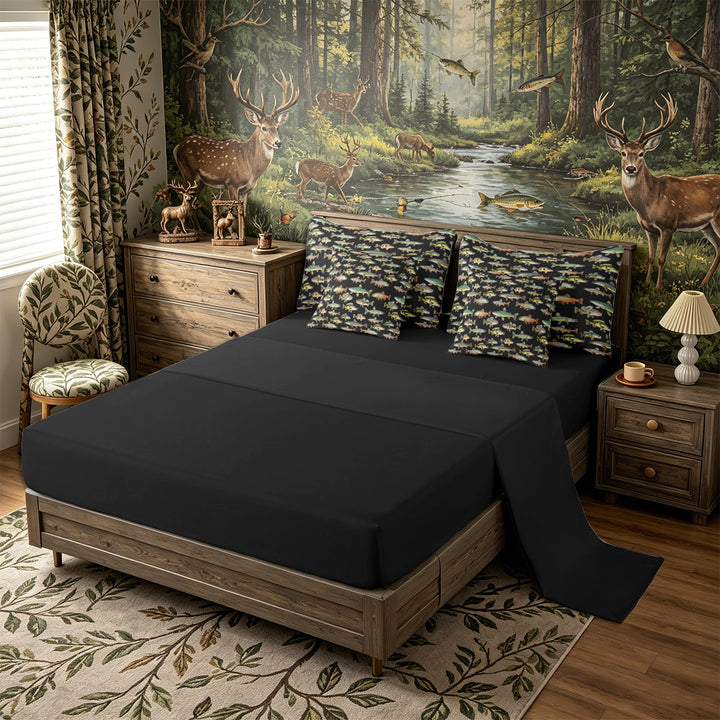 Meiyoeat Rustic Fish Print King Bedding 7pcs, Freshwater Animal Pattern King Bed in a Bag,Black Reversible