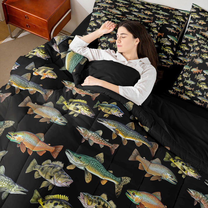 Meiyoeat Rustic Fish Print King Bedding 7pcs, Freshwater Animal Pattern King Bed in a Bag,Black Reversible