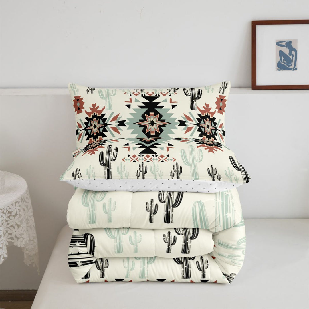 meiyoeat Rustic Western Aztec Print King Size Comforter Sets For Adults,Desert Botanical Cactus Comforters King Size For Men Women,Reversible,3 Pieces