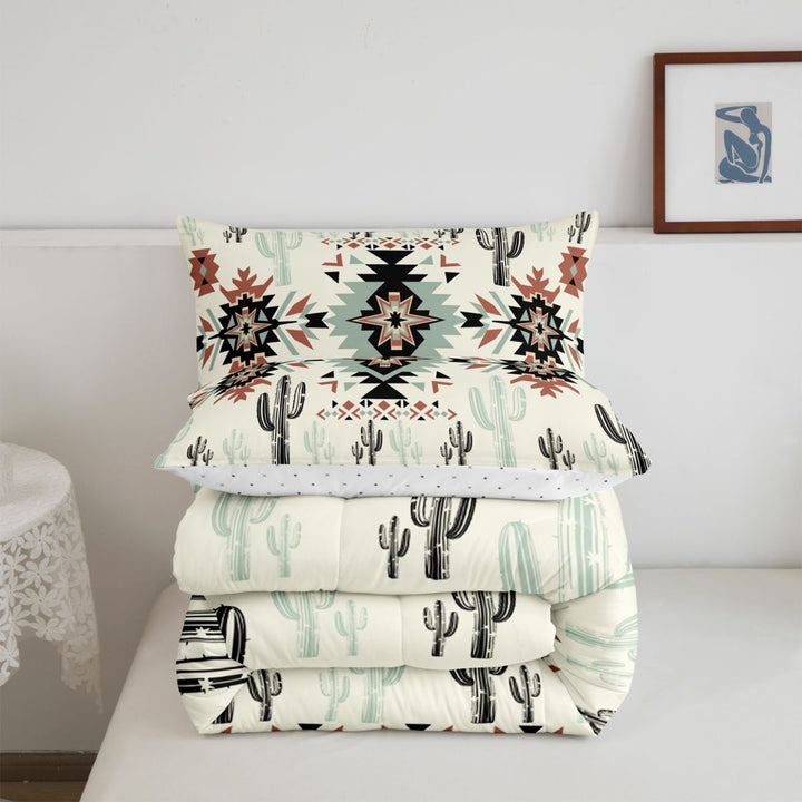 meiyoeat Rustic Western Aztec Print King Size Comforter Sets For Adults,Desert Botanical Cactus Comforters King Size For Men Women,Reversible,3 Pieces