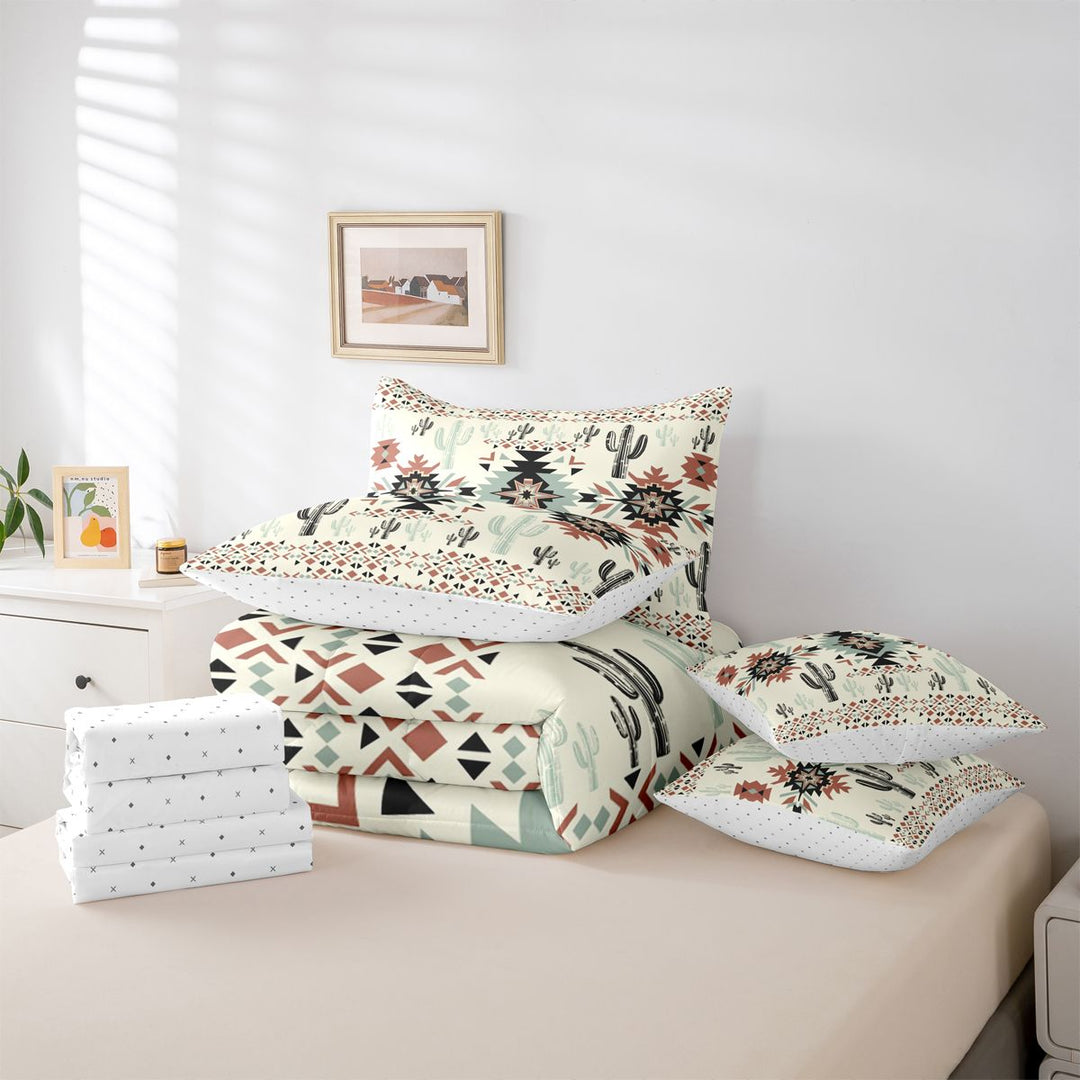 meiyoeat Rustic Western Aztec Print 7-Piece King Bedding For Adults,Desert Botanical Cactus King Bed in a Bag For Men Women,Reversible