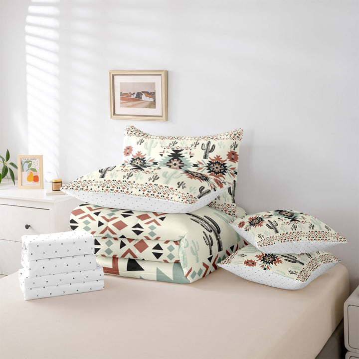 meiyoeat Rustic Western Aztec Print 7-Piece King Bedding For Adults,Desert Botanical Cactus King Bed in a Bag For Men Women,Reversible