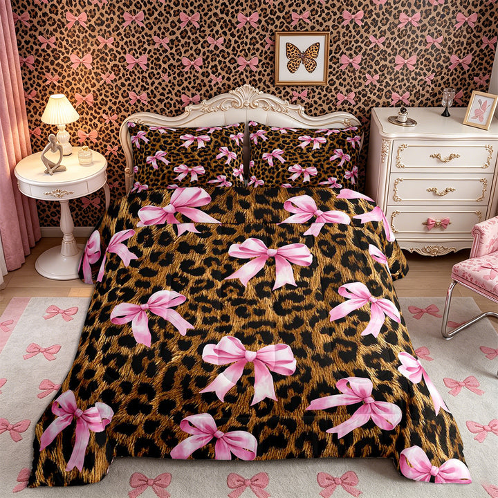 Meiyoeat Vintage Leopard Print Full Size Comforter Sets 3-Piece, Pink Ribbon Bow Bedding Comforter Set, Brown Black,Pink Reversible