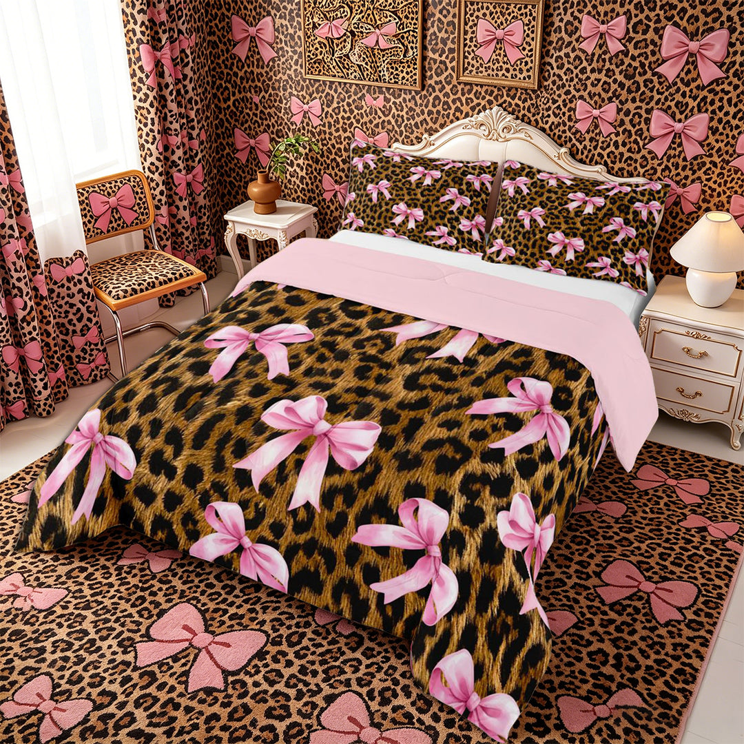 Meiyoeat Vintage Leopard Print Full Size Comforter Sets 3-Piece, Pink Ribbon Bow Bedding Comforter Set, Brown Black,Pink Reversible