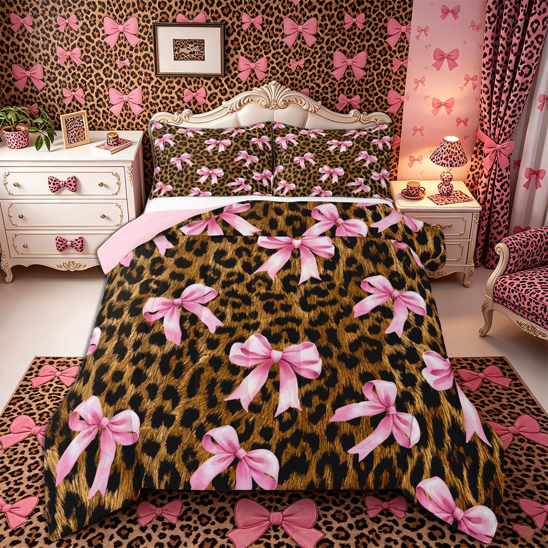 Meiyoeat Vintage Leopard Print Full Size Comforter Sets 3-Piece, Pink Ribbon Bow Bedding Comforter Set, Brown Black,Pink Reversible