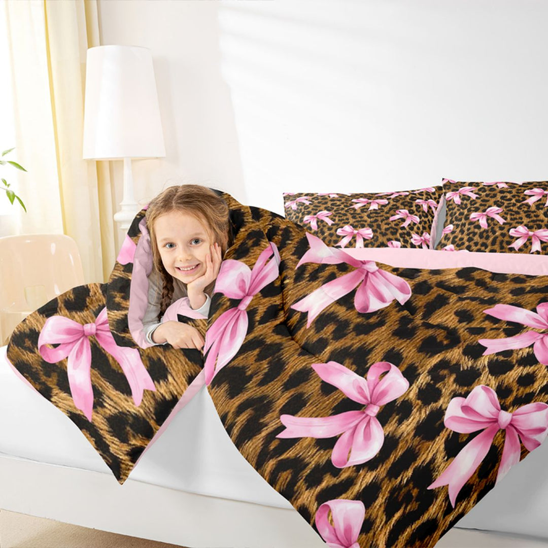 Meiyoeat Vintage Leopard Print Full Size Bedding Sets 7 Pieces, Pink Ribbon Bow Full Size Bed in a Bag, Brown Black,Pink Reversible