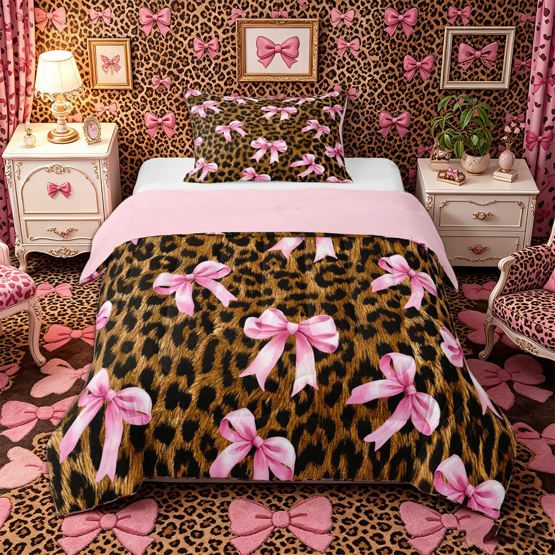 Meiyoeat Vintage Leopard Print Full Size Comforter Sets 3-Piece, Pink Ribbon Bow Bedding Comforter Set, Brown Black,Pink Reversible