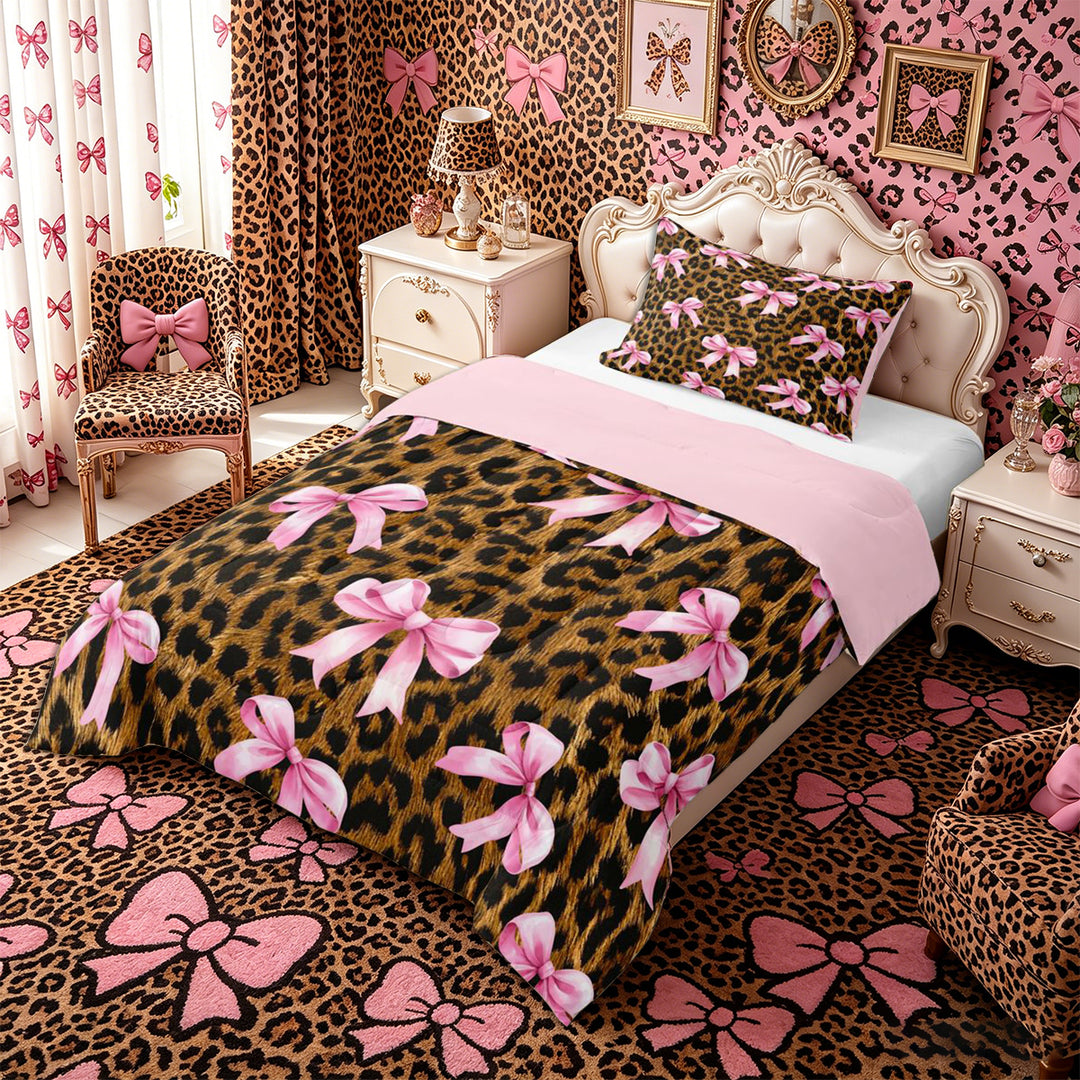 Meiyoeat Vintage Leopard Print Full Size Comforter Sets 3-Piece, Pink Ribbon Bow Bedding Comforter Set, Brown Black,Pink Reversible