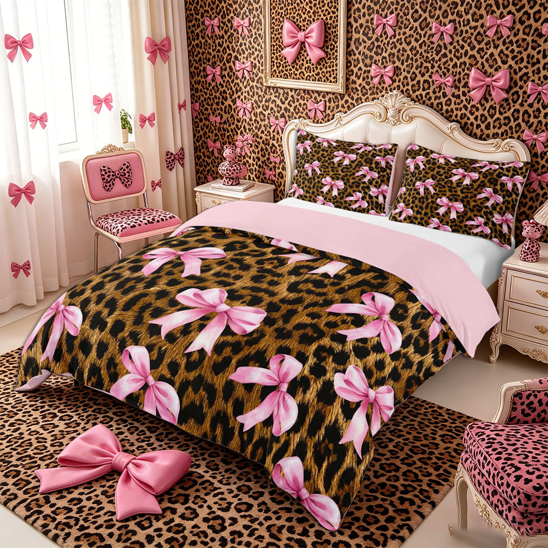 Meiyoeat Vintage Leopard Print Bedding, Pink Ribbon Bow Duvet Cover Full, Brown Black,3pcs,No Comforter,Pink Reversible