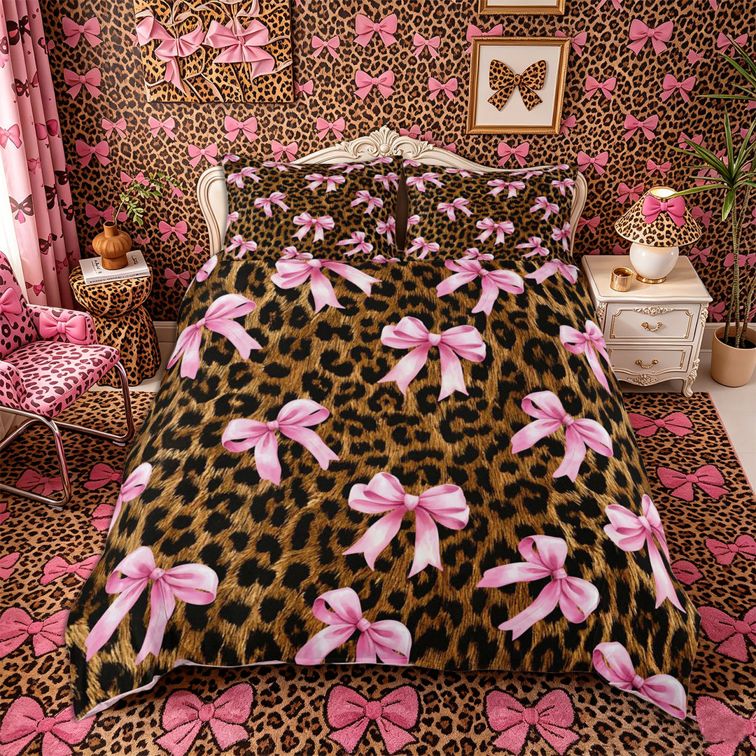 Meiyoeat Vintage Leopard Print Bedding, Pink Ribbon Bow Duvet Cover Full, Brown Black,3pcs,No Comforter,Pink Reversible