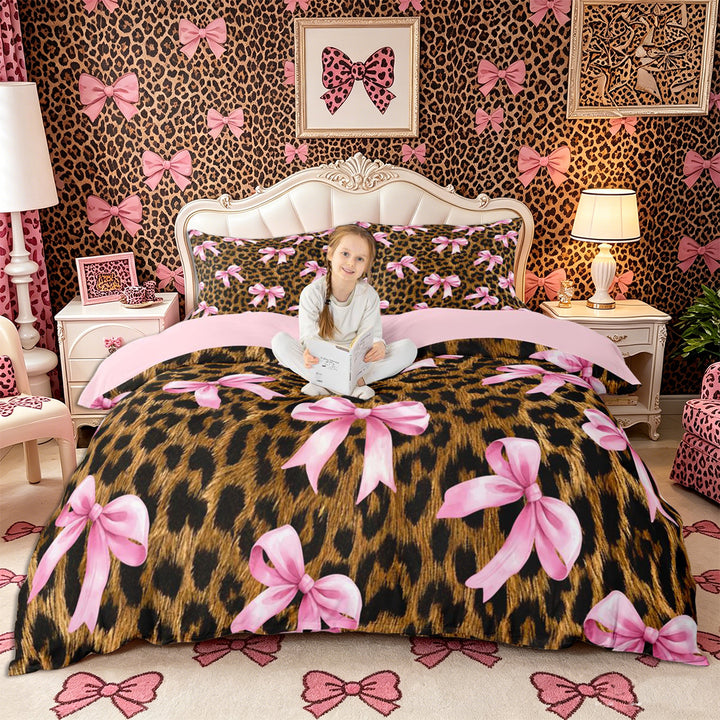 Meiyoeat Vintage Leopard Print Bedding, Pink Ribbon Bow Duvet Cover Full, Brown Black,3pcs,No Comforter,Pink Reversible