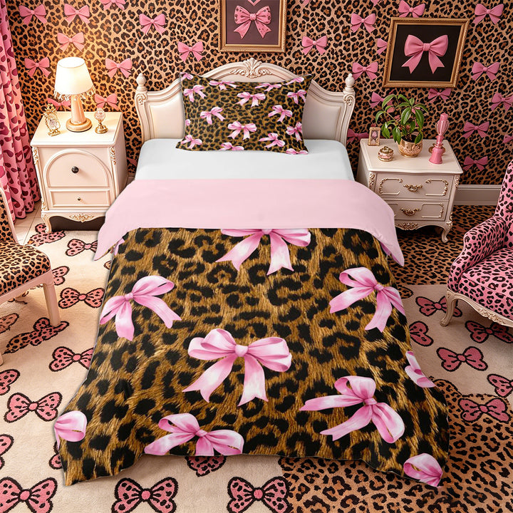 Meiyoeat Vintage Leopard Print Bedding, Pink Ribbon Bow Duvet Cover Full, Brown Black,3pcs,No Comforter,Pink Reversible