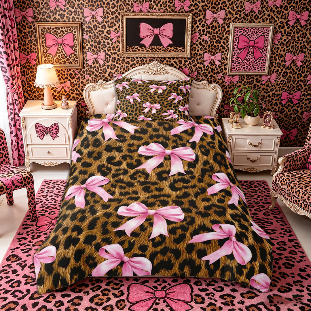 Meiyoeat Vintage Leopard Print Bedding, Pink Ribbon Bow Duvet Cover Full, Brown Black,3pcs,No Comforter,Pink Reversible