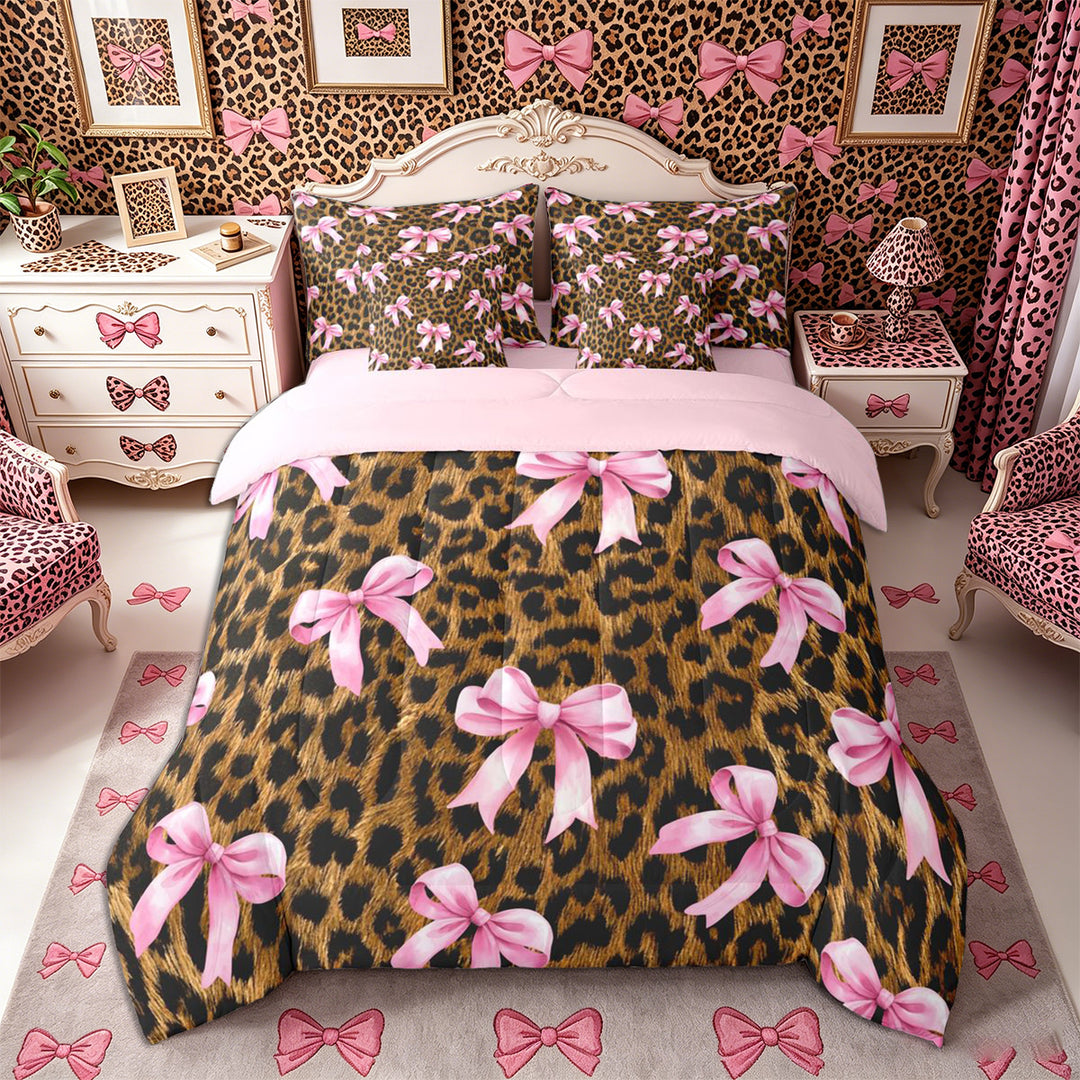 Meiyoeat Vintage Leopard Print Full Size Bedding Sets 7 Pieces, Pink Ribbon Bow Full Size Bed in a Bag, Brown Black,Pink Reversible