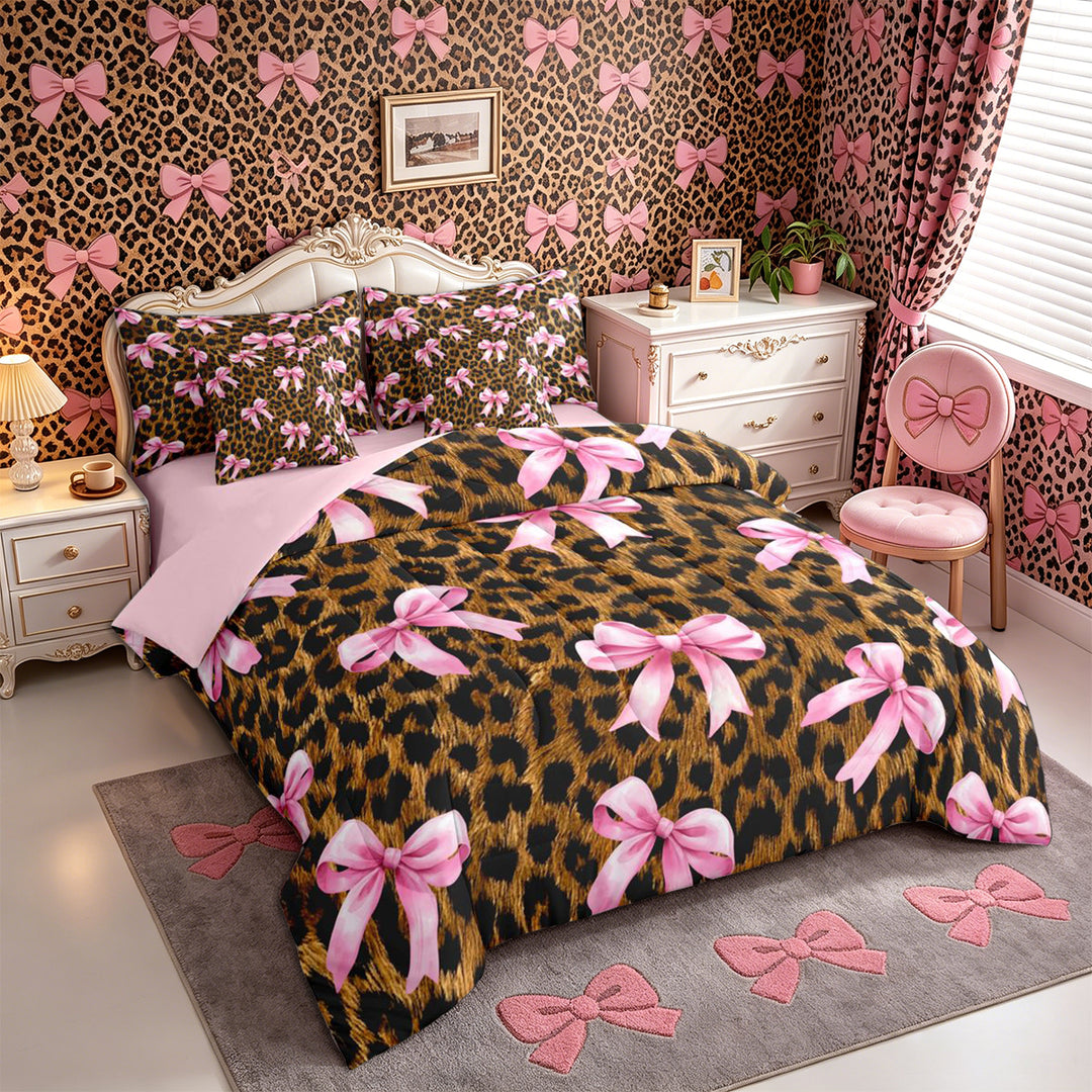 Meiyoeat Vintage Leopard Print Full Size Bedding Sets 7 Pieces, Pink Ribbon Bow Full Size Bed in a Bag, Brown Black,Pink Reversible