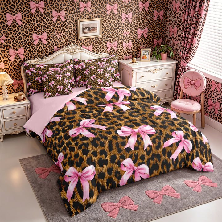 Meiyoeat Vintage Leopard Print Full Size Bedding Sets 7 Pieces, Pink Ribbon Bow Full Size Bed in a Bag, Brown Black,Pink Reversible