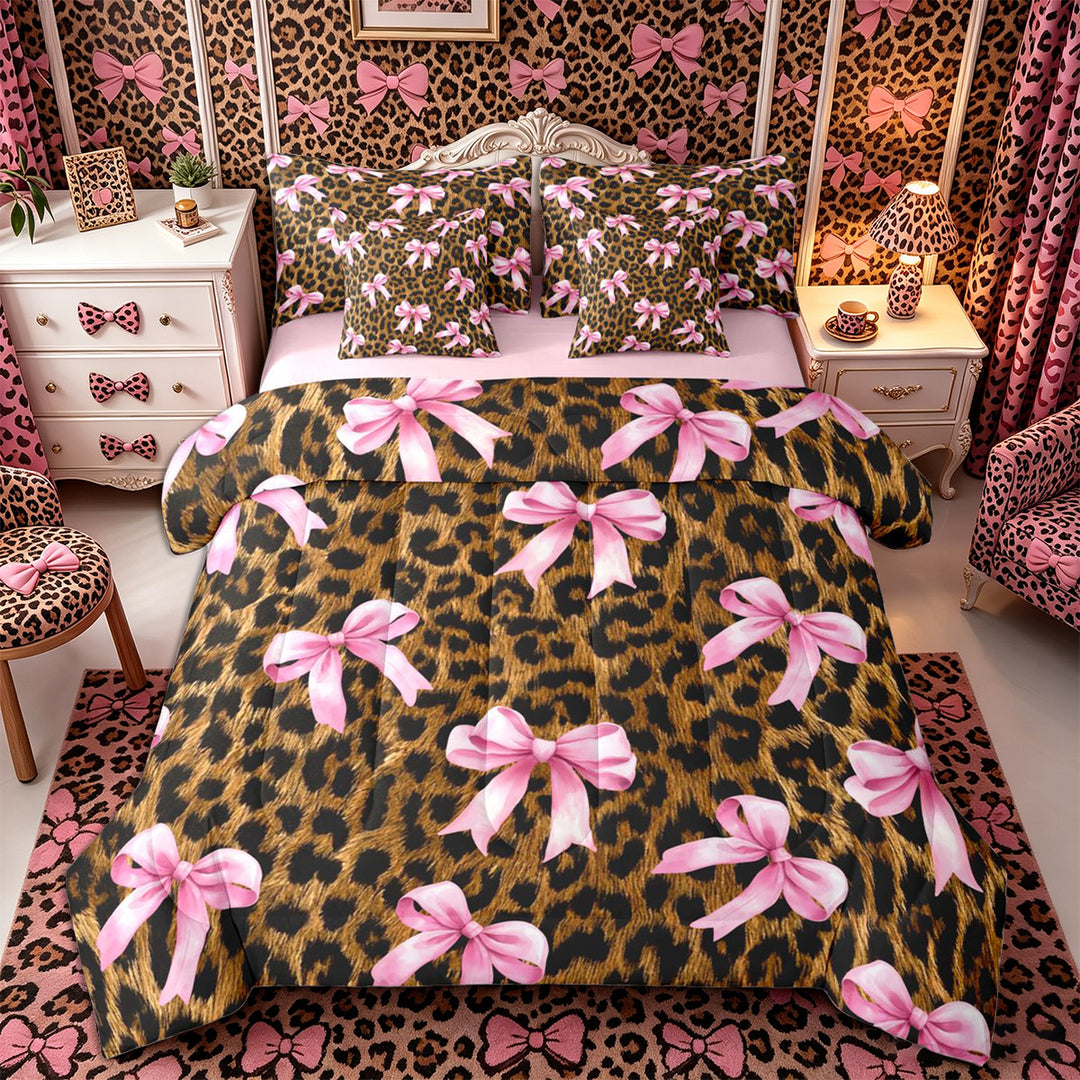 Meiyoeat Vintage Leopard Print Full Size Bedding Sets 7 Pieces, Pink Ribbon Bow Full Size Bed in a Bag, Brown Black,Pink Reversible