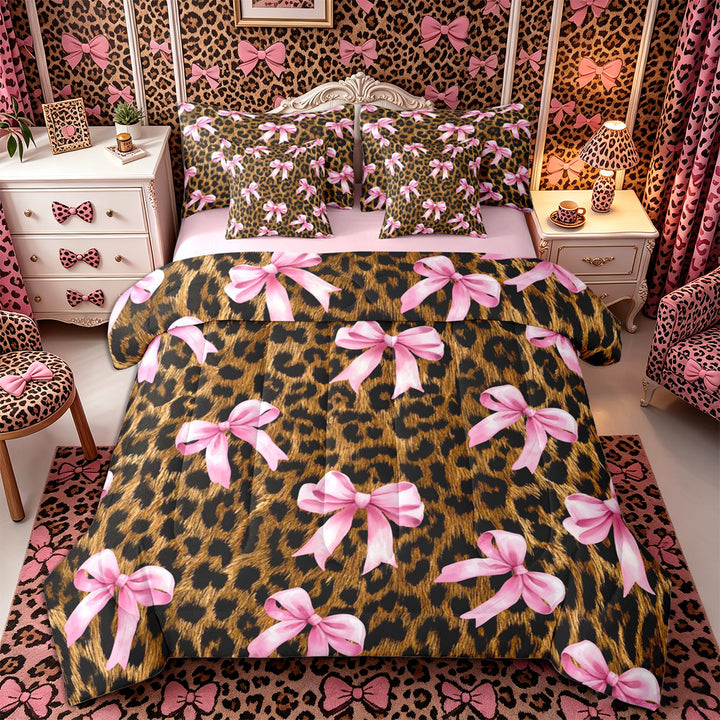 Meiyoeat Vintage Leopard Print Full Size Bedding Sets 7 Pieces, Pink Ribbon Bow Full Size Bed in a Bag, Brown Black,Pink Reversible
