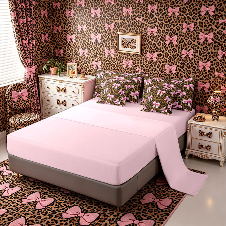 Meiyoeat Vintage Leopard Print Full Size Bedding Sets 7 Pieces, Pink Ribbon Bow Full Size Bed in a Bag, Brown Black,Pink Reversible