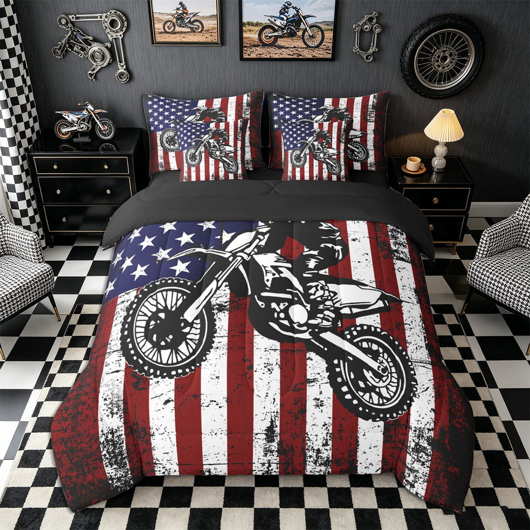 Meiyoeat Patriotic Dirt Bike Full Size Bedding Sets 7 Pieces for Men, USA Flag Print Full Size Bed in a Bag, Red White Blue,Black Reversible