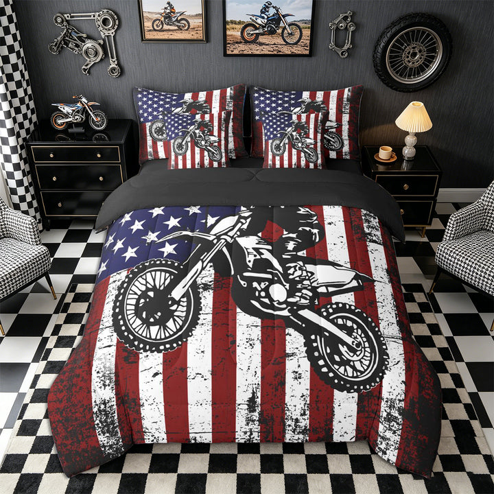 Meiyoeat Patriotic Dirt Bike Full Size Bedding Sets 7 Pieces for Men, USA Flag Print Full Size Bed in a Bag, Red White Blue,Black Reversible