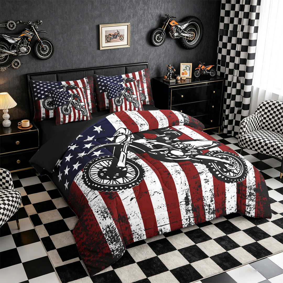 Meiyoeat Patriotic Dirt Bike Full Size Bedding Sets 7 Pieces for Men, USA Flag Print Full Size Bed in a Bag, Red White Blue,Black Reversible