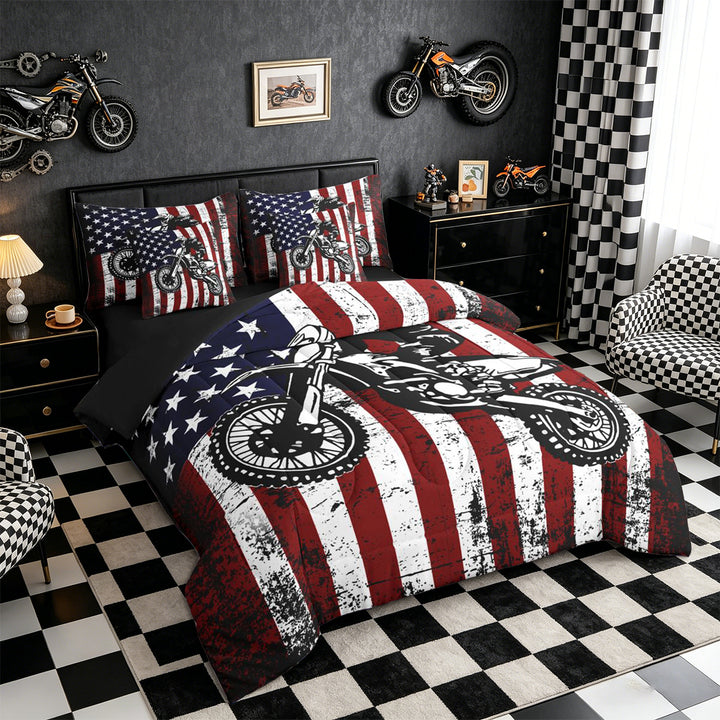 Meiyoeat Patriotic Dirt Bike Full Size Bedding Sets 7 Pieces for Men, USA Flag Print Full Size Bed in a Bag, Red White Blue,Black Reversible