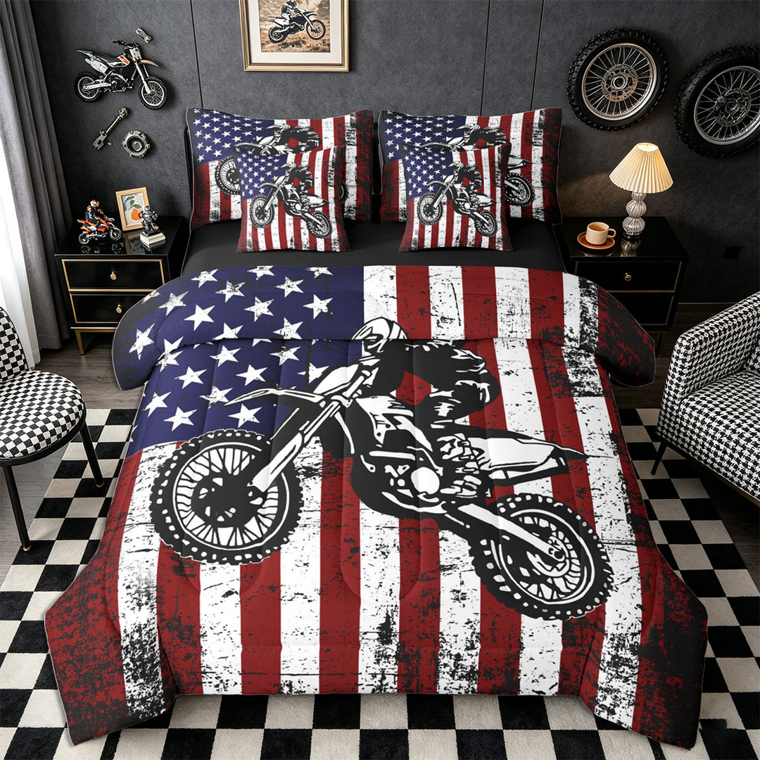 Meiyoeat Patriotic Dirt Bike Full Size Bedding Sets 7 Pieces for Men, USA Flag Print Full Size Bed in a Bag, Red White Blue,Black Reversible