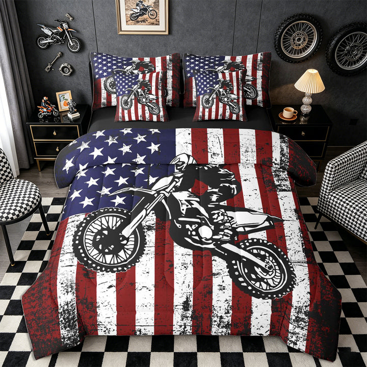 Meiyoeat Patriotic Dirt Bike Full Size Bedding Sets 7 Pieces for Men, USA Flag Print Full Size Bed in a Bag, Red White Blue,Black Reversible