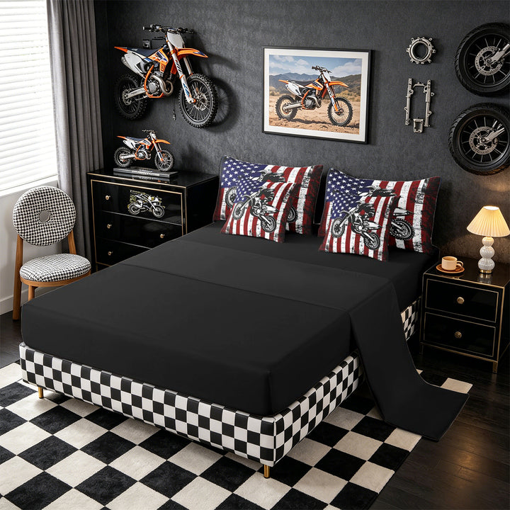 Meiyoeat Patriotic Dirt Bike Full Size Bedding Sets 7 Pieces for Men, USA Flag Print Full Size Bed in a Bag, Red White Blue,Black Reversible
