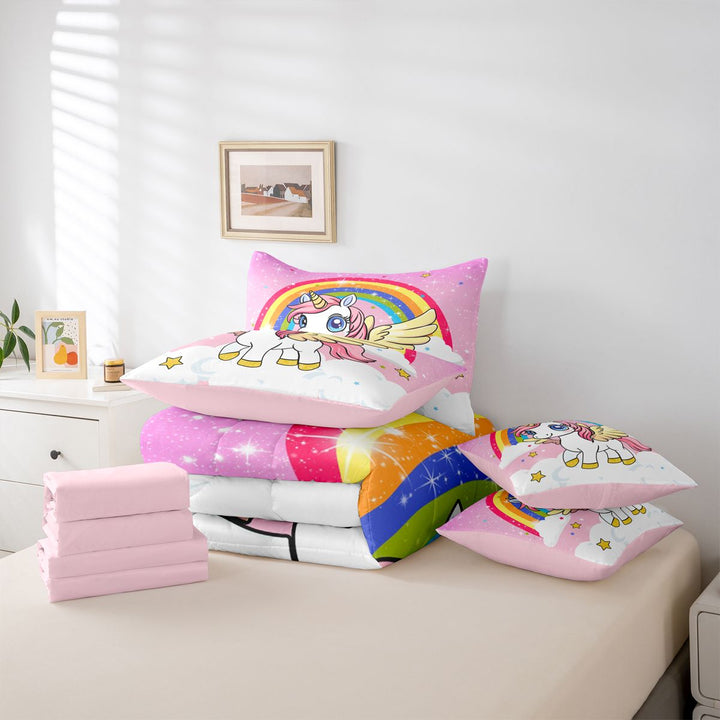 meiyoeat Cartoon Unicorn Pattern 7 Pieces Full Size Bedding Sets For Girls,Cute Sequin Print Rainbow Stars Full Size Bed in a Bag For Kids,Pink Reversible