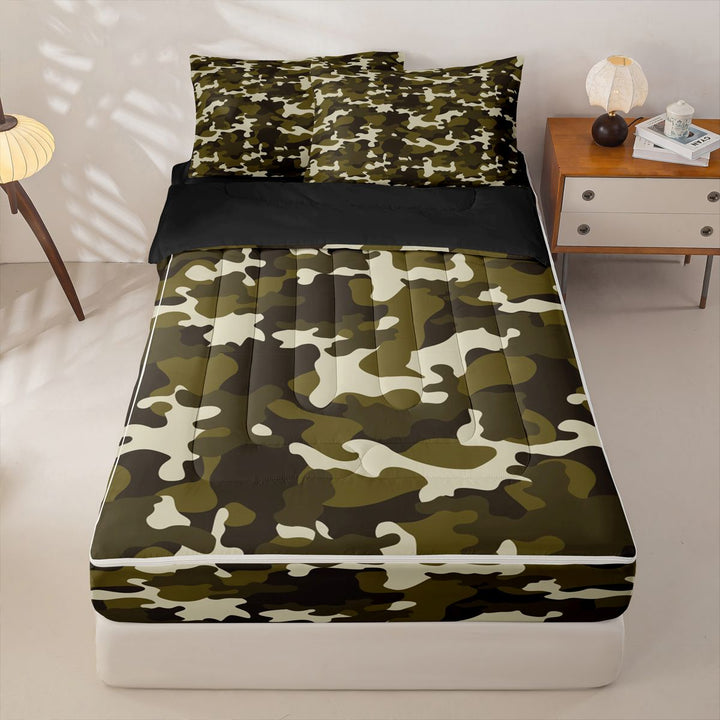 meiyoeat Outdoor Camouflage Print Zipper Full Size Comforter Sets with Fitted Sheet and 2 Pillowcases For Boy,Vintage 3D Camo Zipper Bedding Set,Black Reversible,4-Piece