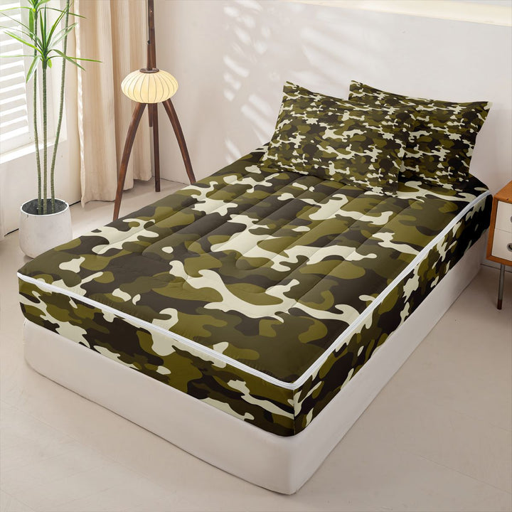 meiyoeat Outdoor Camouflage Print Zipper Full Size Comforter Sets with Fitted Sheet and 2 Pillowcases For Boy,Vintage 3D Camo Zipper Bedding Set,Black Reversible,4-Piece