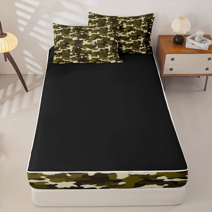meiyoeat Outdoor Camouflage Print Zipper Full Size Comforter Sets with Fitted Sheet and 2 Pillowcases For Boy,Vintage 3D Camo Zipper Bedding Set,Black Reversible,4-Piece