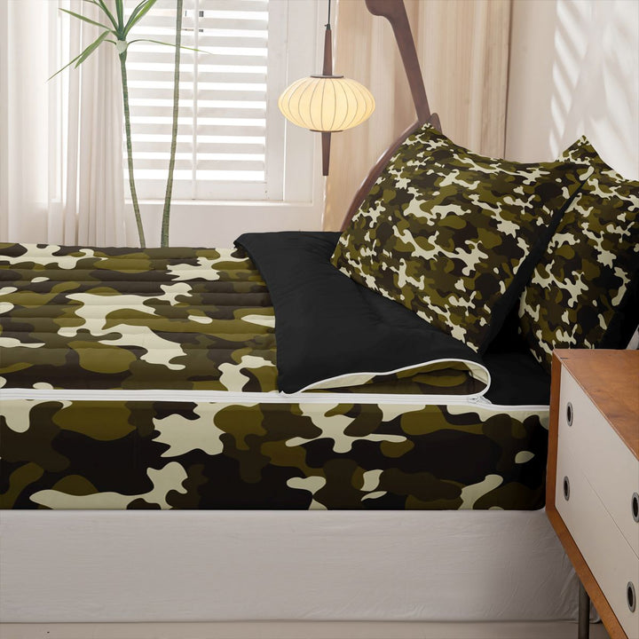 meiyoeat Outdoor Camouflage Print Zipper Full Size Comforter Sets with Fitted Sheet and 2 Pillowcases For Boy,Vintage 3D Camo Zipper Bedding Set,Black Reversible,4-Piece