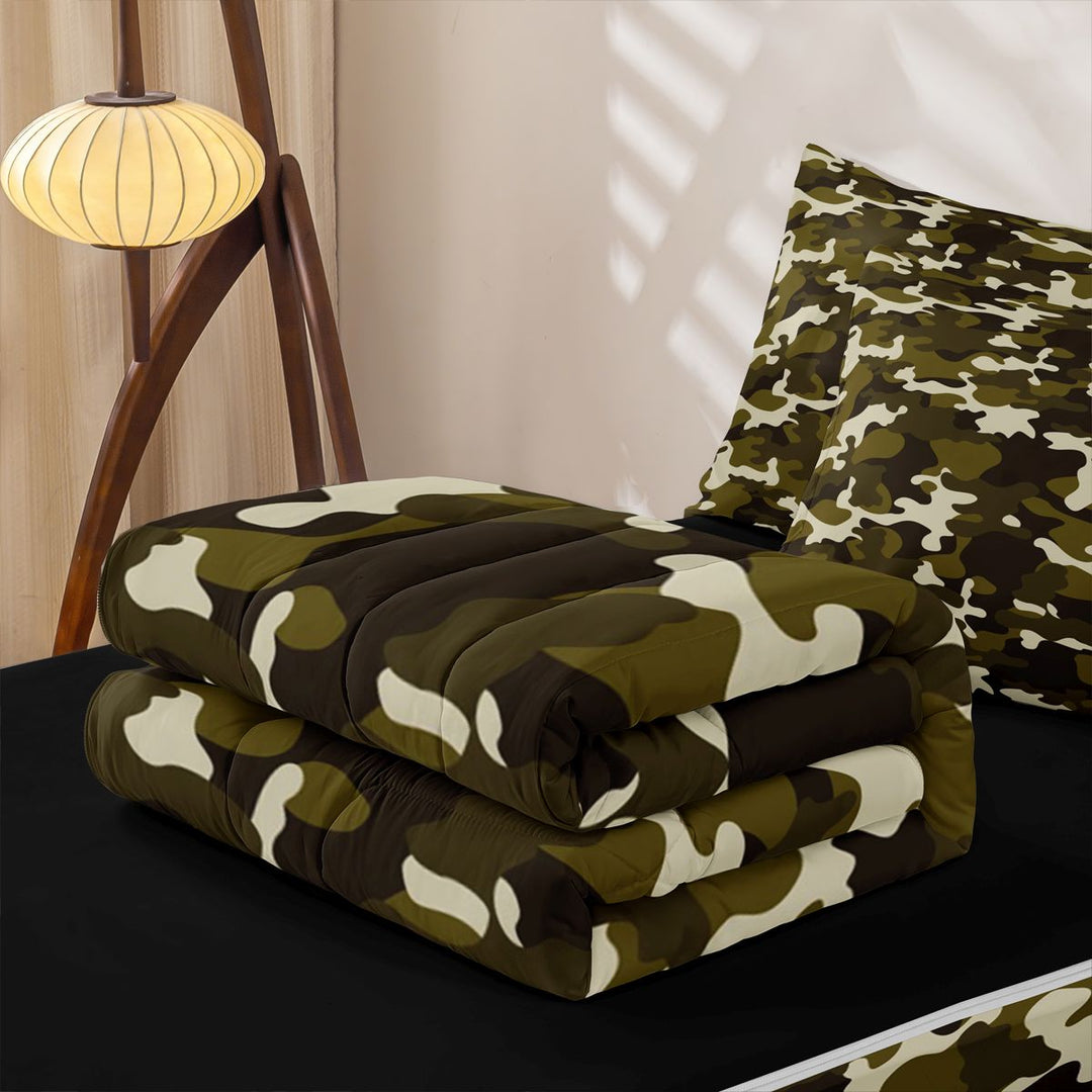 meiyoeat Outdoor Camouflage Print Zipper Full Size Comforter Sets with Fitted Sheet and 2 Pillowcases For Boy,Vintage 3D Camo Zipper Bedding Set,Black Reversible,4-Piece